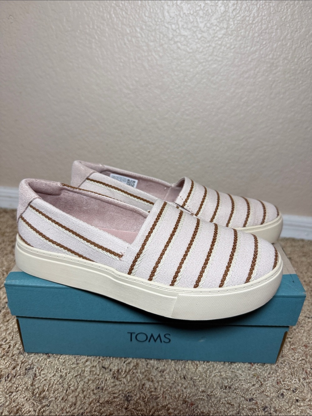TOMS Pink Canvas Slip-Ons with Gold Stripes
